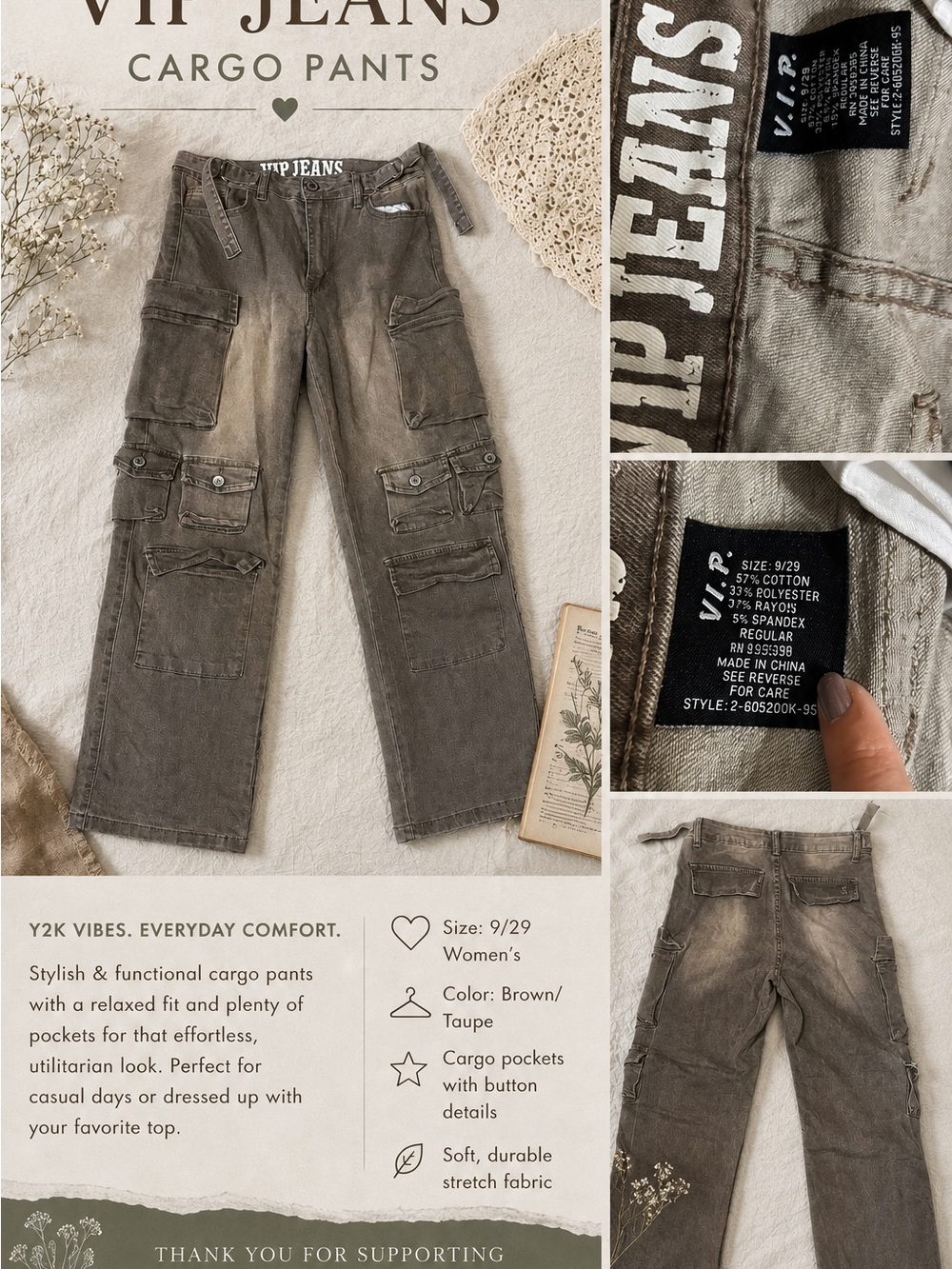 VIP Distressed Taupe Jeans with White Logo